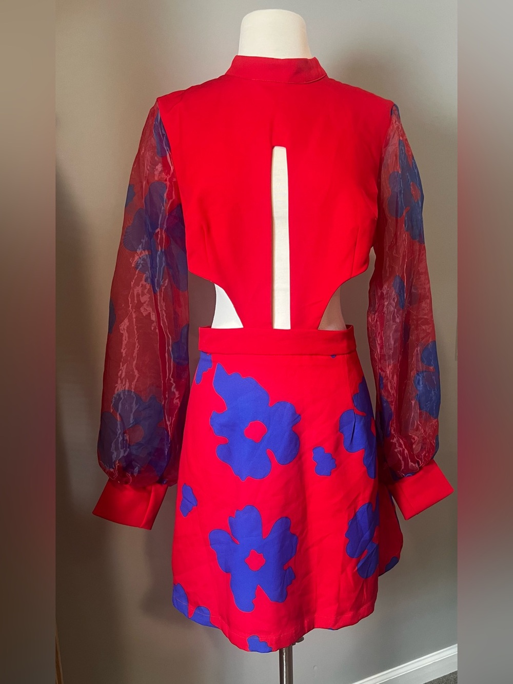 Red Floral Cutout Mini Dress with Sheer Balloon Sleeves